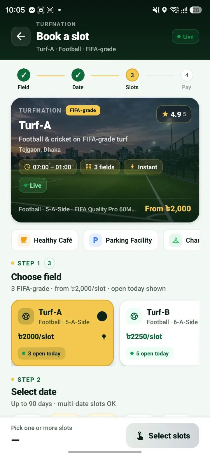 TurfNation app booking — pick field, date, and slots